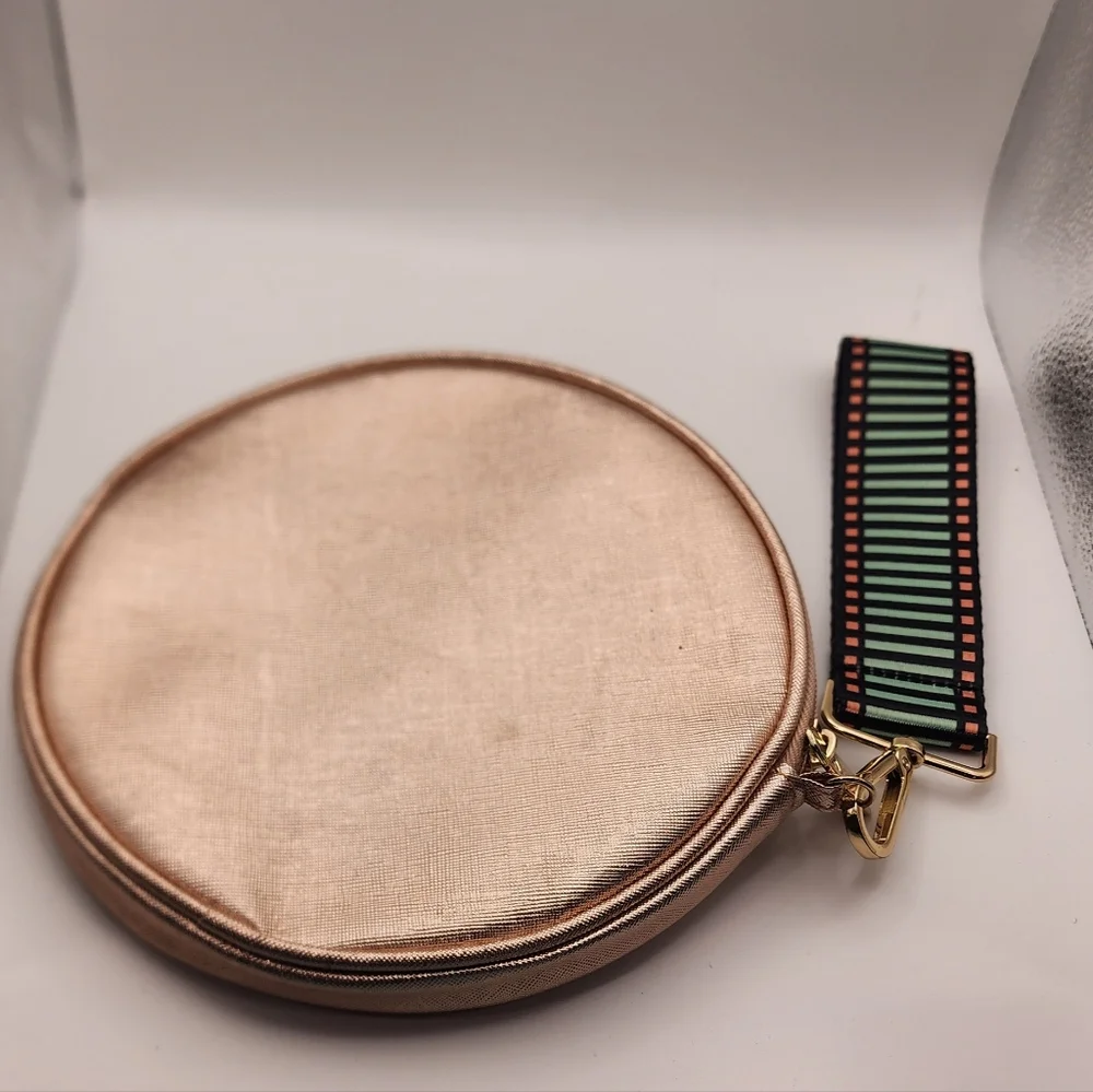 Tartan + Twine Metallic Rose Gold Round Crossbody Bag Striped Strap